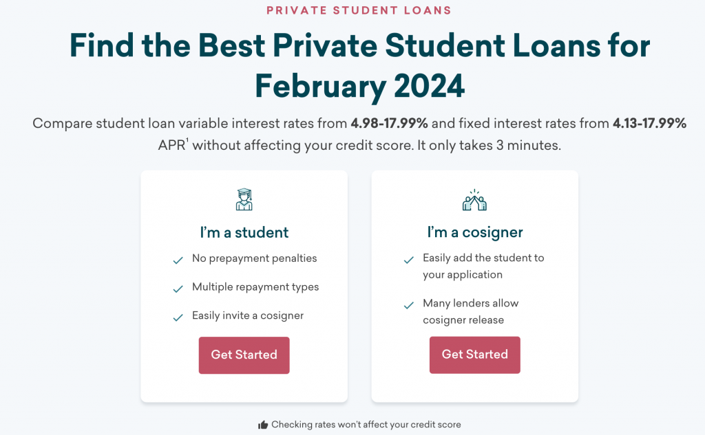 Screenshot from Credible to begin applying for a student loan by choosing "I'm a student" or "I'm a cosigner"
